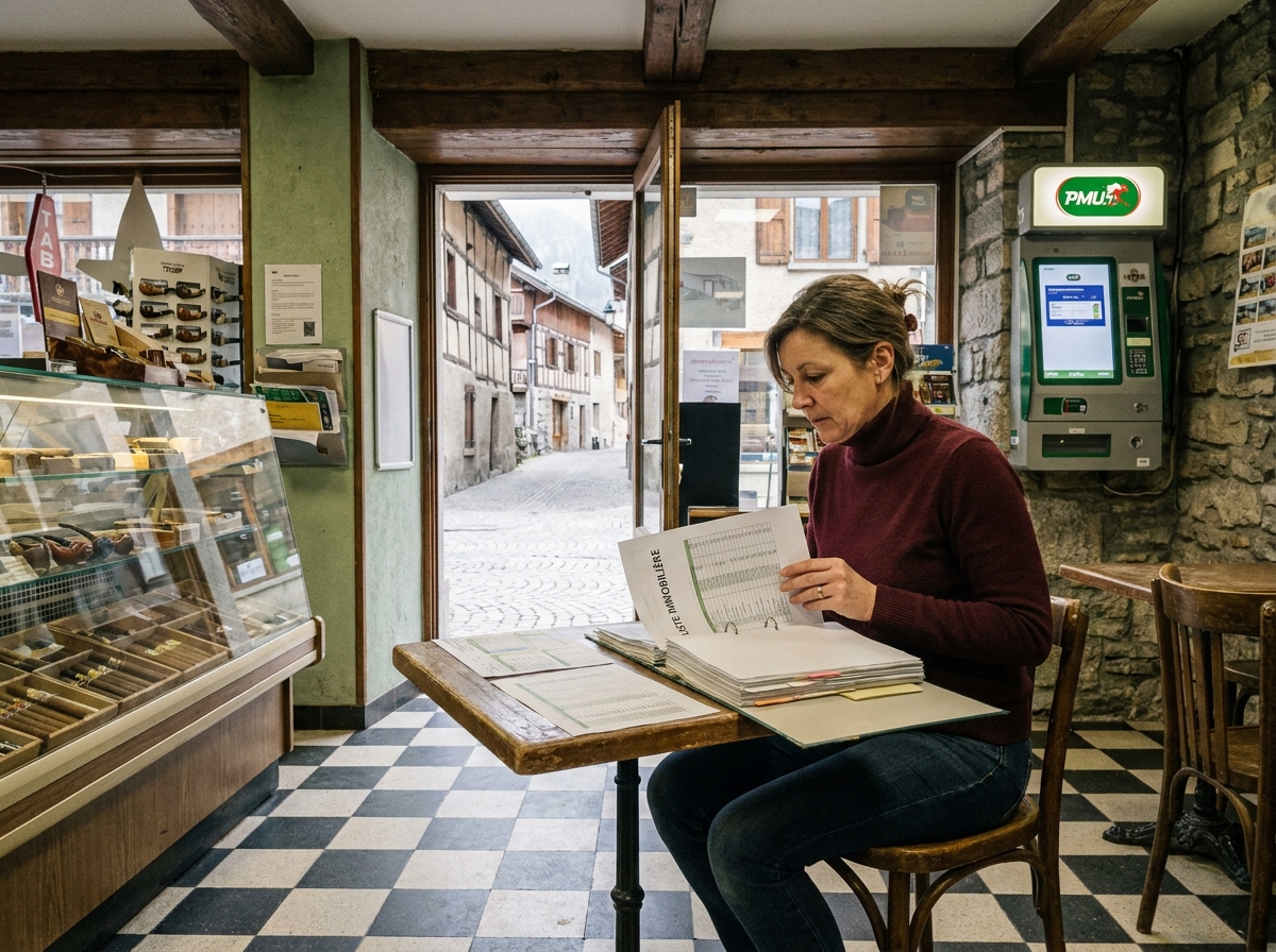 Investisseuse étudiant des documents financiers dans un bureau de tabac-presse savoyard, ambiance village alpin avec sol en carrelage et poutres apparentes