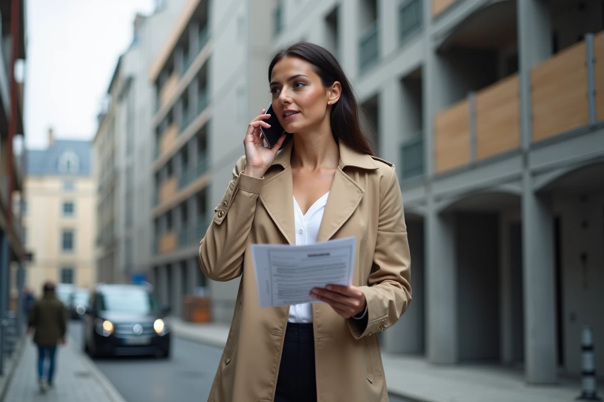 Femme investisseuse immobilière devant un immeuble neuf éligible au dispositif Pinel en milieu urbain