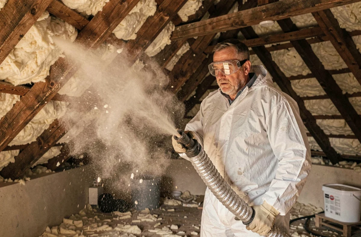 Spécialiste Isol'Habitat 44 soufflant de l'isolant en ouate de cellulose dans les combles d'une maison
