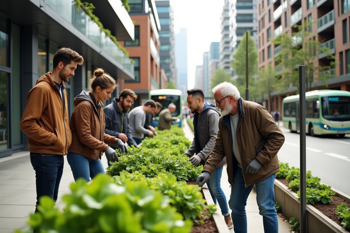 Groupe diversifié de jeunes et seniors cultivant en ville