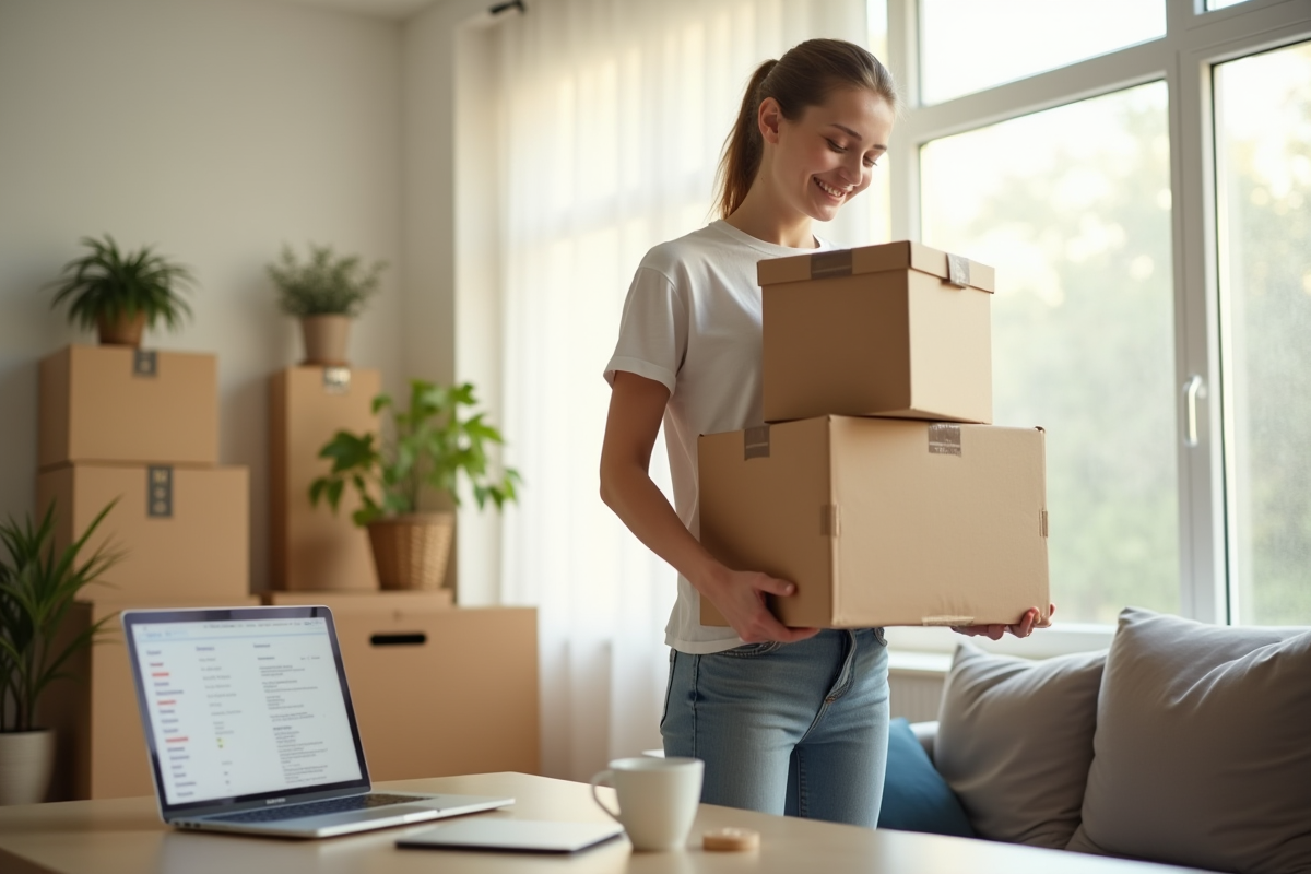 Jeune adulte avec des cartons dans un salon lumineux