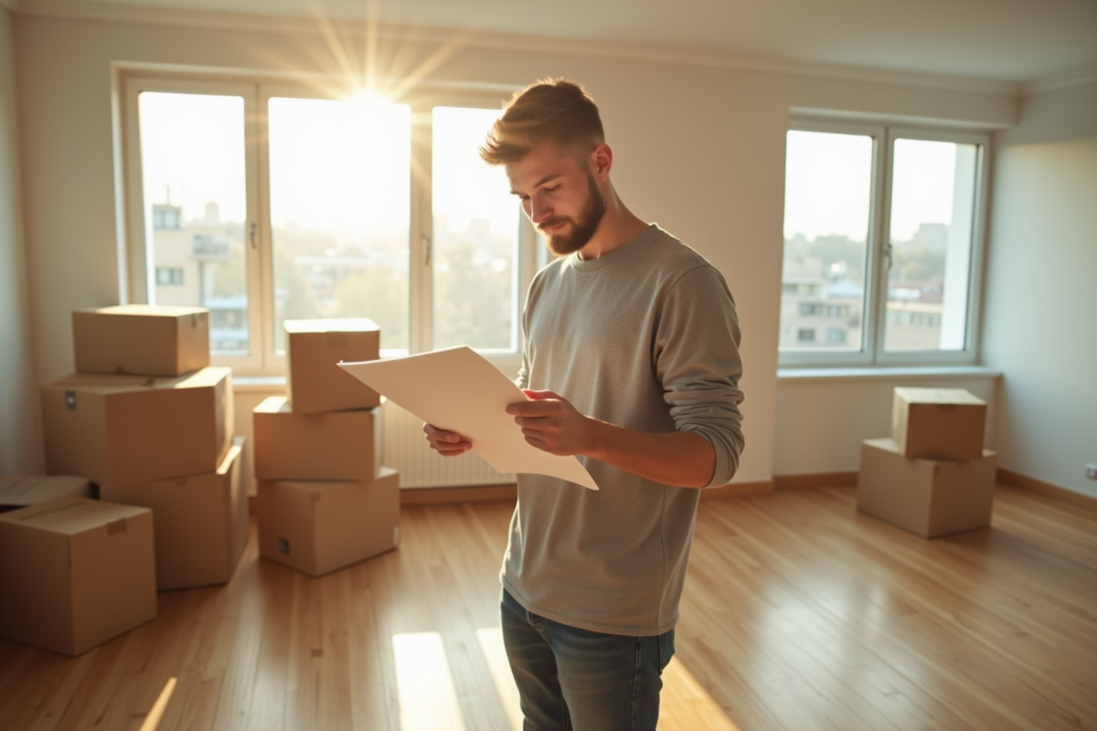 Jeune adulte vérifiant une checklist dans un appartement vide