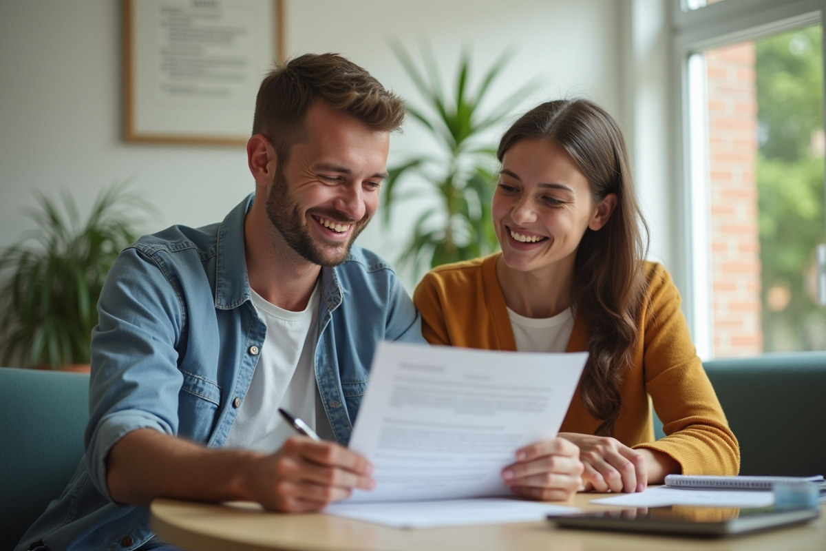 Jeune couple souriant signant un contrat de location dans un appartement lumineux