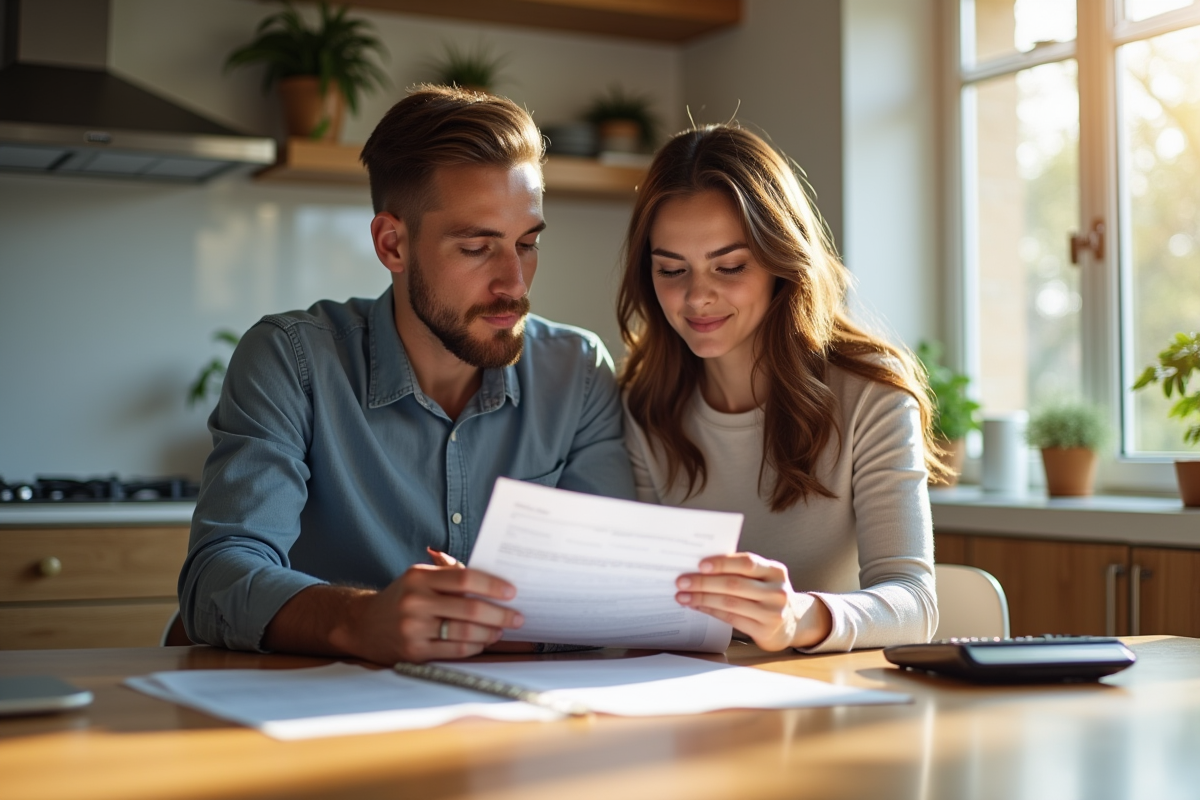 Jeune couple étudiant des documents de prêt immobilier