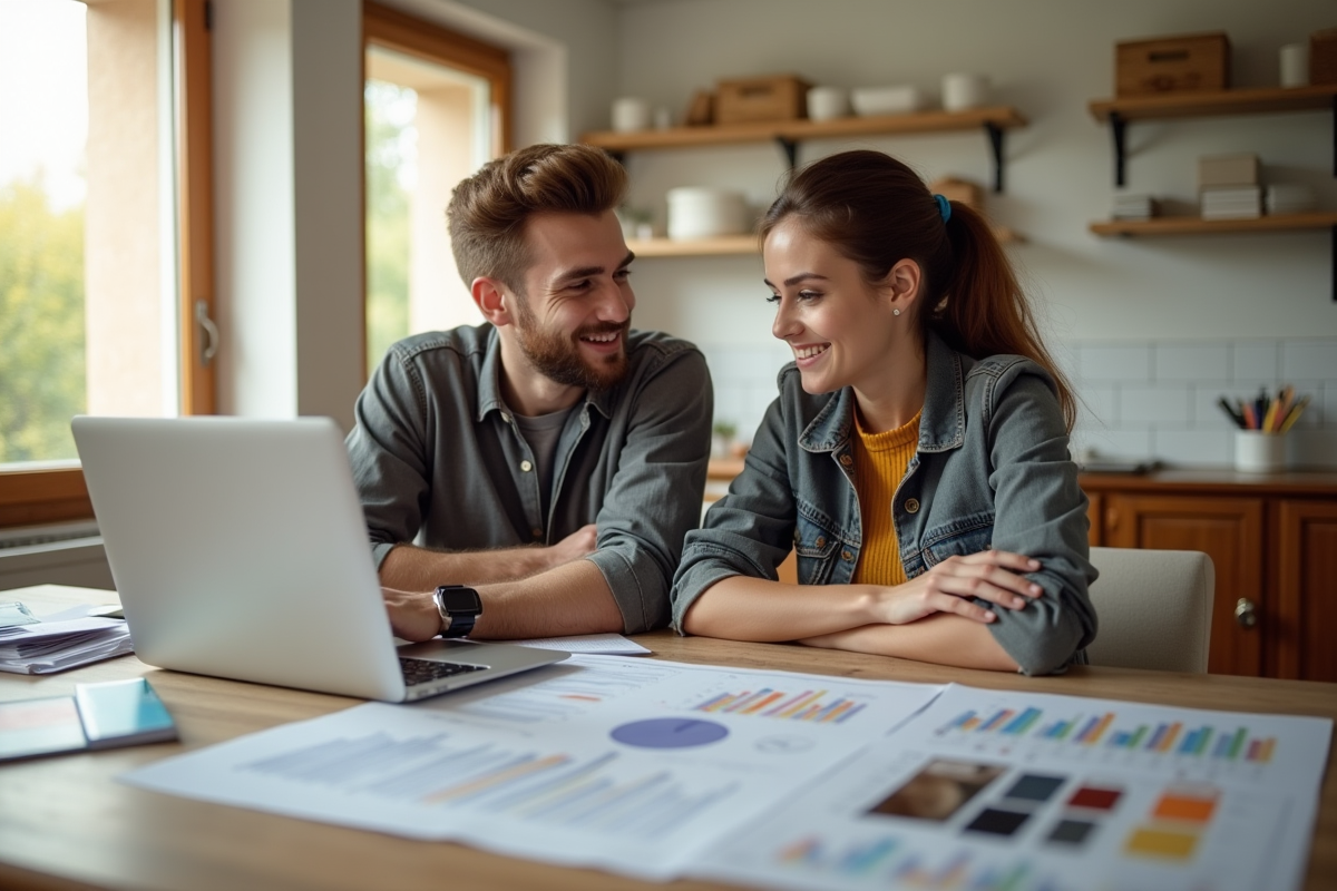 Jeune couple dans une cuisine en rénovation avec plans et outils