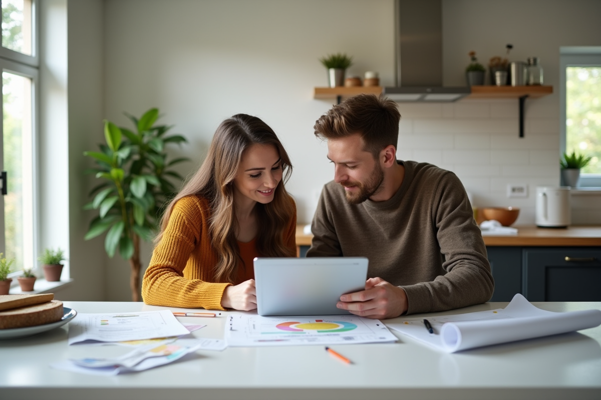 Jeune couple discutant plans de renovation maison avec plans et tablette