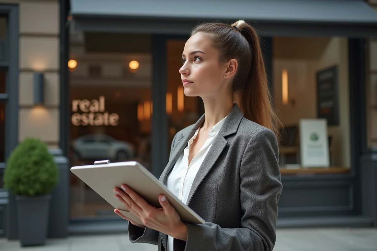 Jeune femme d affaires devant une agence immobiliere urbaine