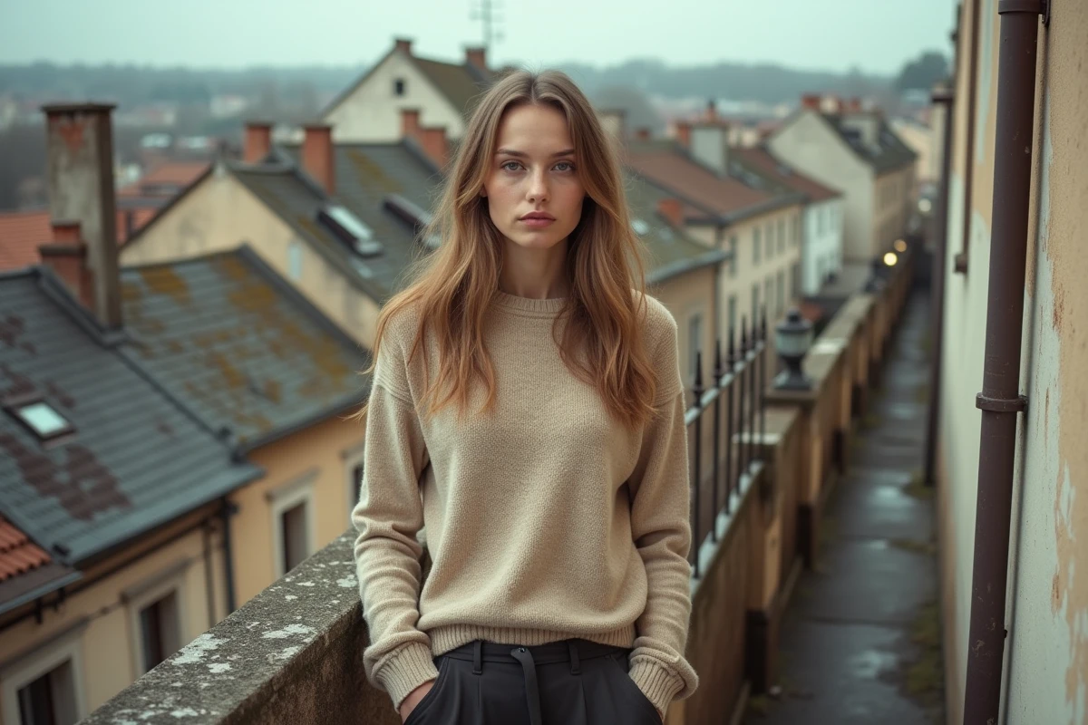 Jeune femme sur un balcon avec vue sur le quartier ancien