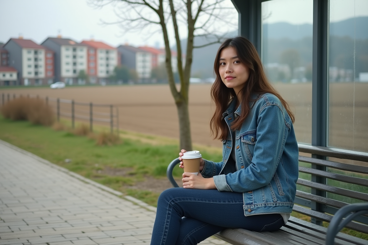 Jeune femme assise à un arrêt de bus en zone périurbaine