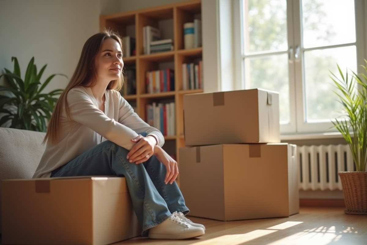 Jeune femme assise pensivement sur des cartons de demenagement