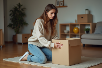Jeune femme emballant ses affaires dans un carton dans un appartement
