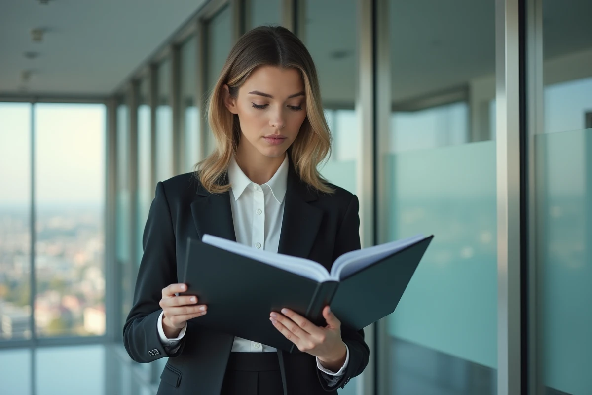 Jeune femme professionnelle examinant un registre immobilier dans un bureau moderne