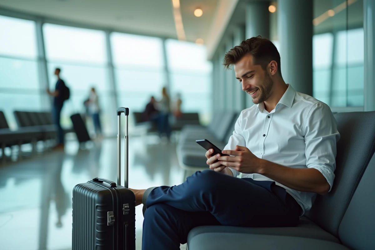 Jeune homme v&eacute;rifiant son smartphone &agrave; l