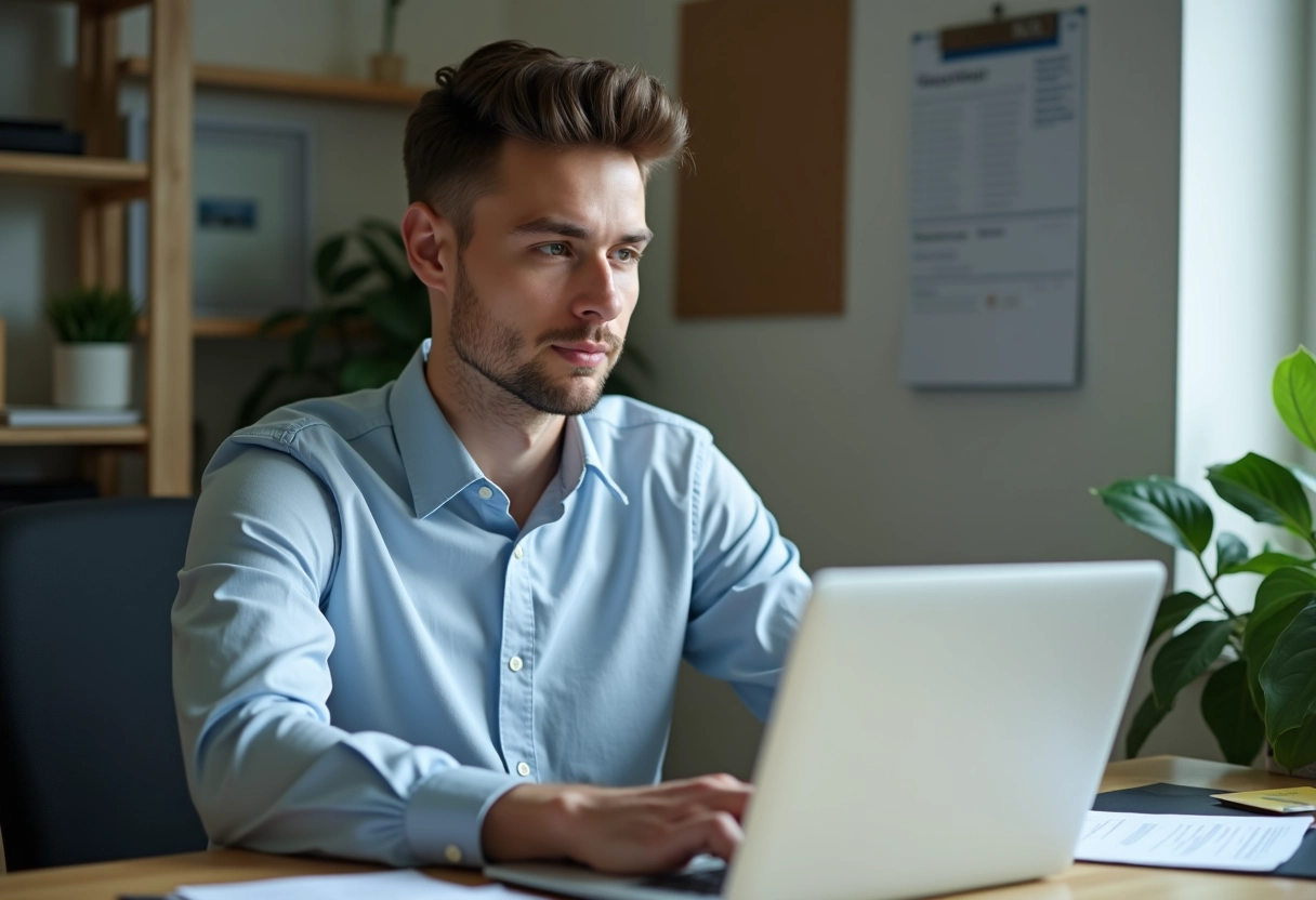 Jeune homme travaillant sur son ordinateur dans un bureau de location