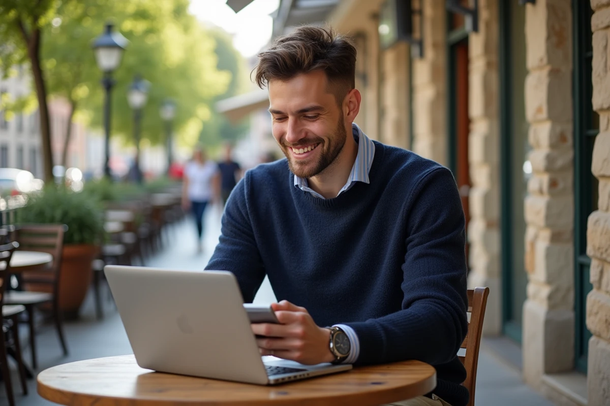 Jeune homme utilisant smartphone et ordinateur dans un café ensoleille