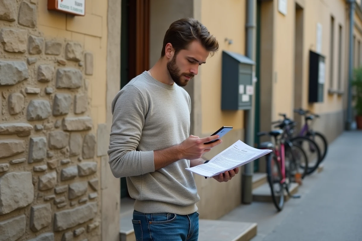 Jeune homme vérifiant son contrat de location dehors