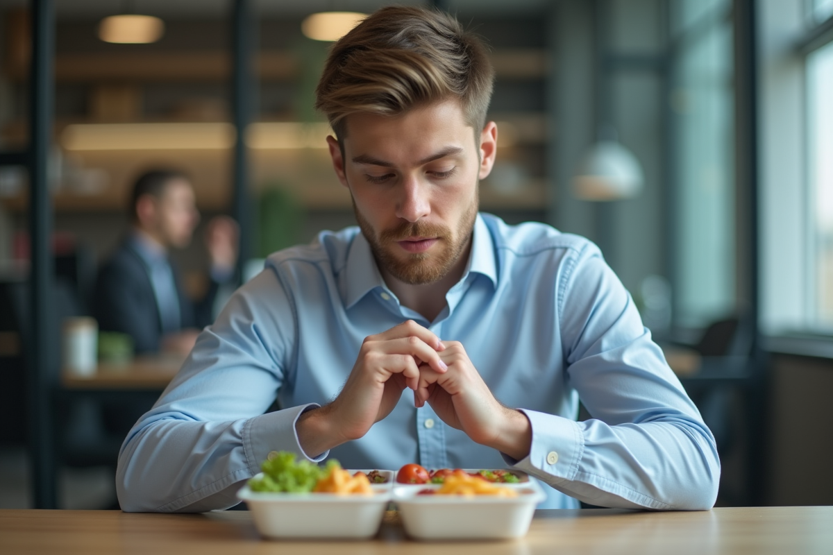 Jeune homme en costume examinant un repas dans un bureau moderne