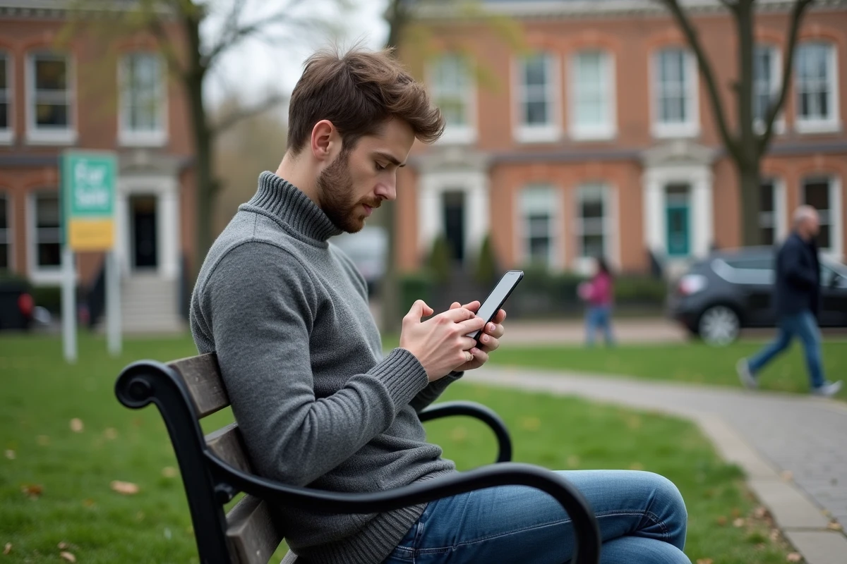 Jeune homme regardant son smartphone devant des maisons à vendre