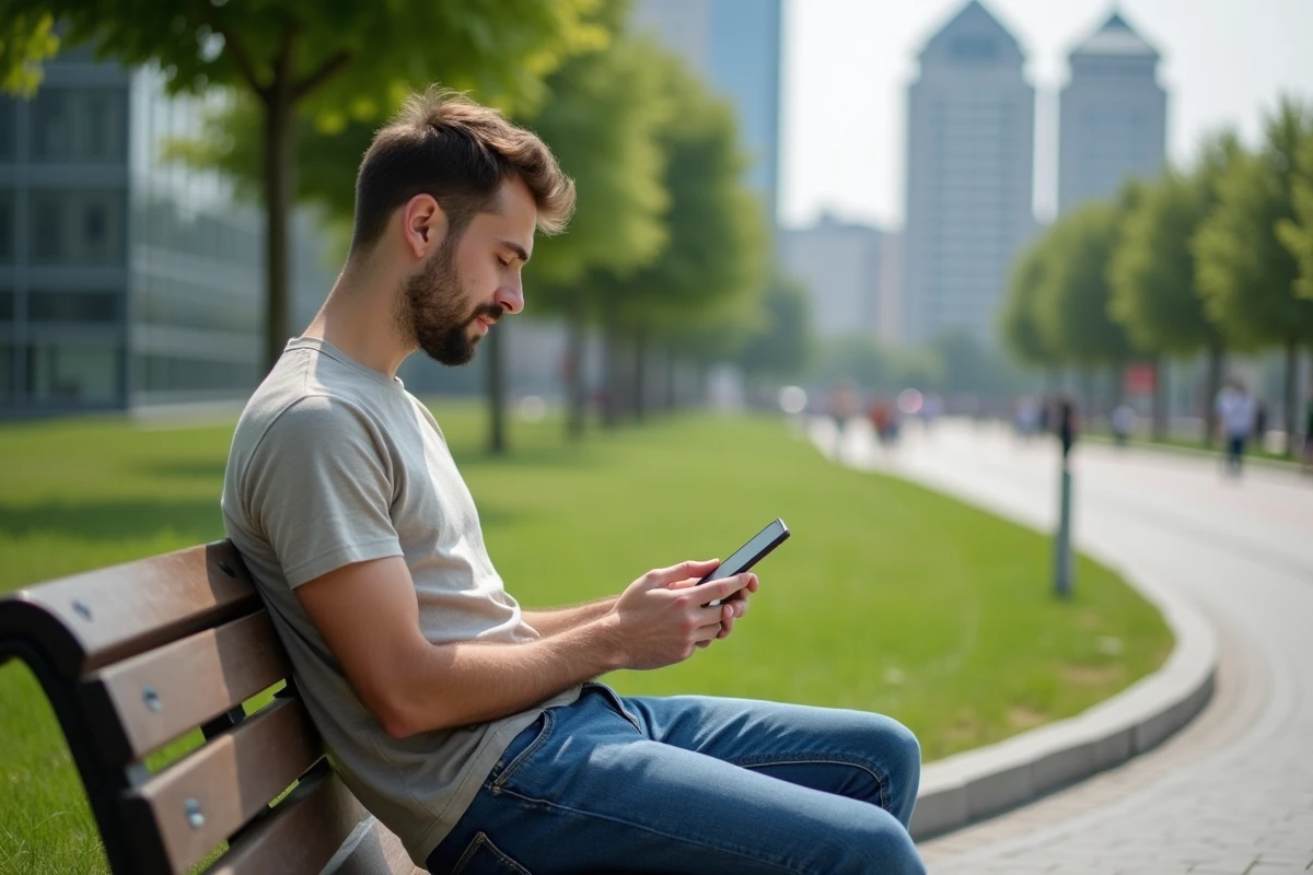 Jeune homme utilisant une application sur smartphone dans un parc urbain