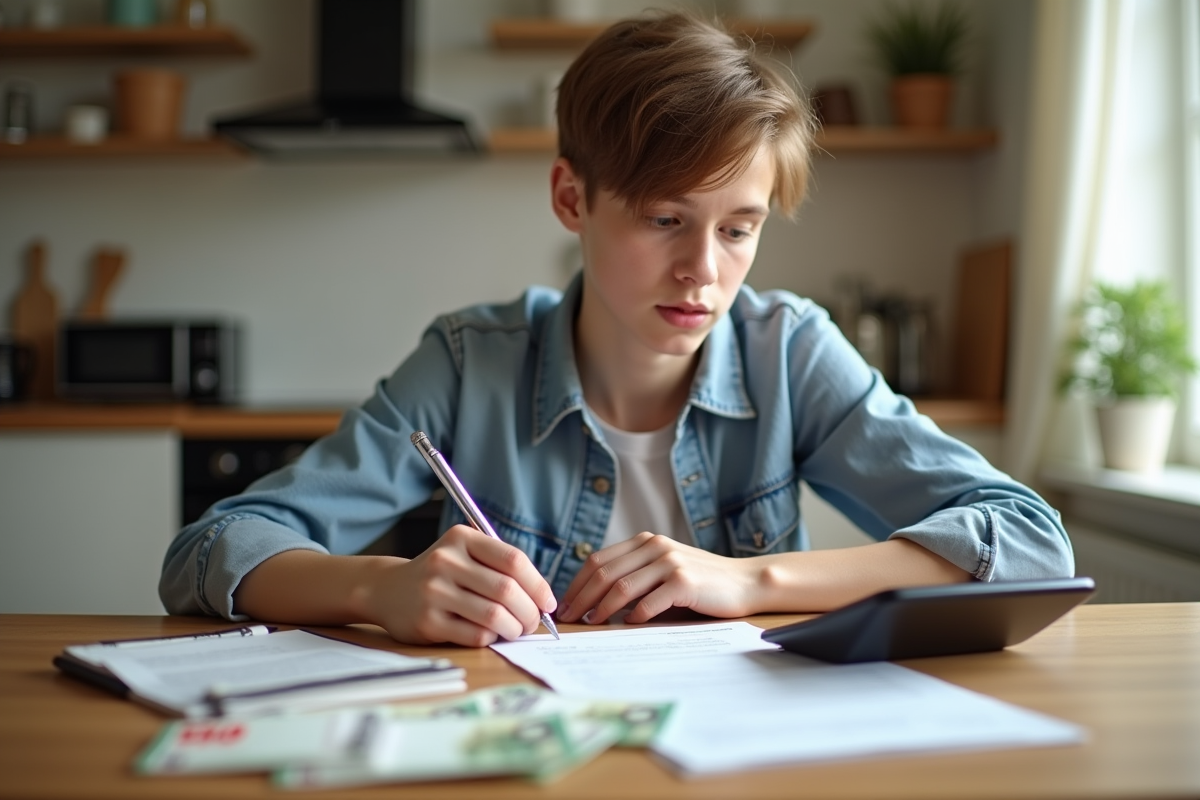 Jeune locataire étudiant examine son bail et calculatrice