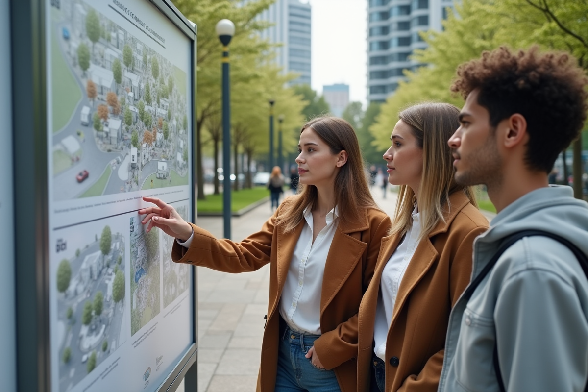 Jeunes discutant d un plan urbain dans un parc