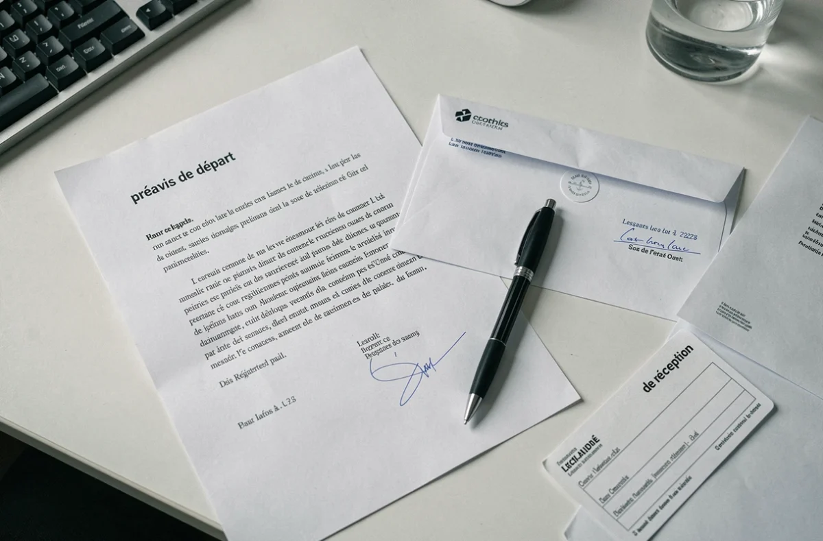 Lettre de préavis de résiliation de bail avec enveloppe et formulaire d'accusé de réception sur un bureau