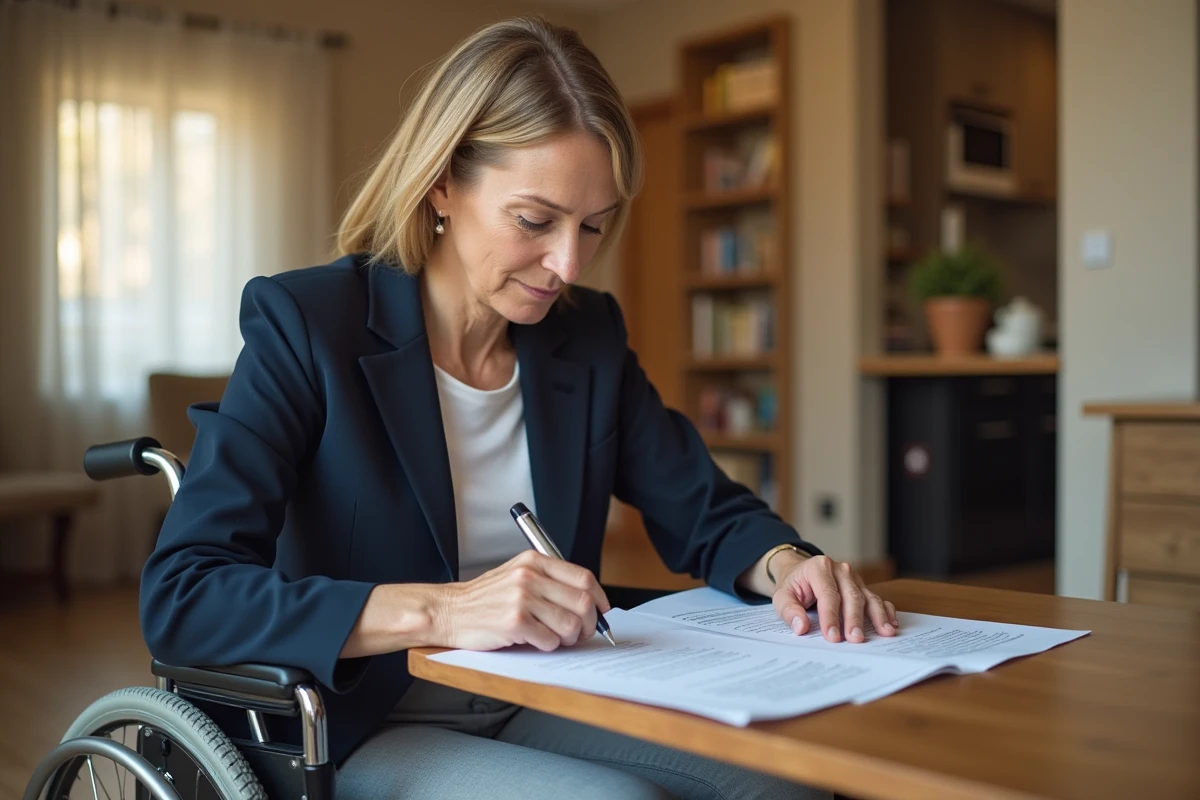 Femme en fauteuil roulant examinant un contrat de location dans son appartement, illustrant les droits du locataire handicapé