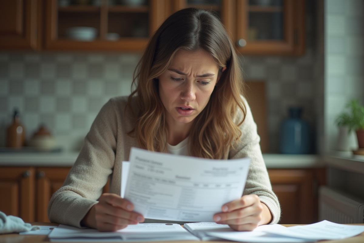 Locataire inquiet vérifiant ses factures et rappels de loyer