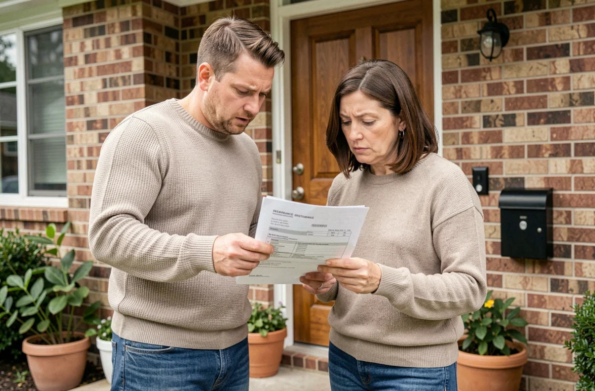 Couple de locataires examinant une offre d'assurance habitation devant leur maison louée