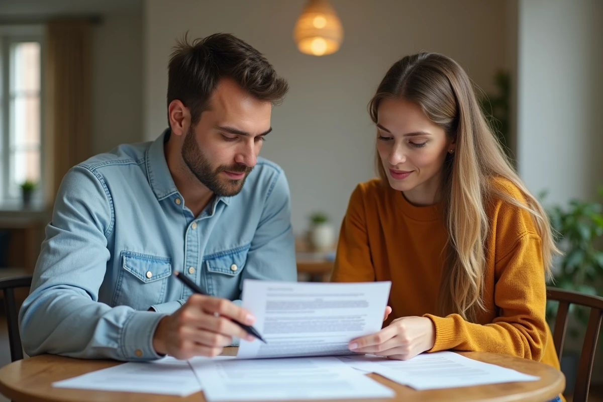 Deux locataires examinant ensemble une lettre de pr&eacute;avis d'appartement imprim&eacute;e sur une table &agrave; manger