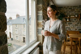 Femme dans un appartement breton loué à Concarneau pour un long séjour, regardant par la fenêtre avec une tasse de café