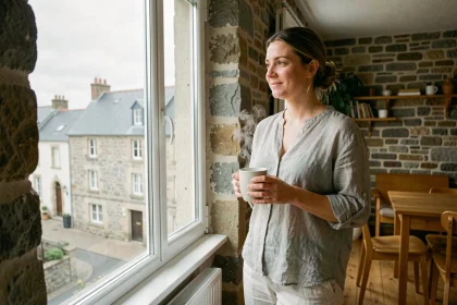 Femme dans un appartement breton loué à Concarneau pour un long séjour, regardant par la fenêtre avec une tasse de café