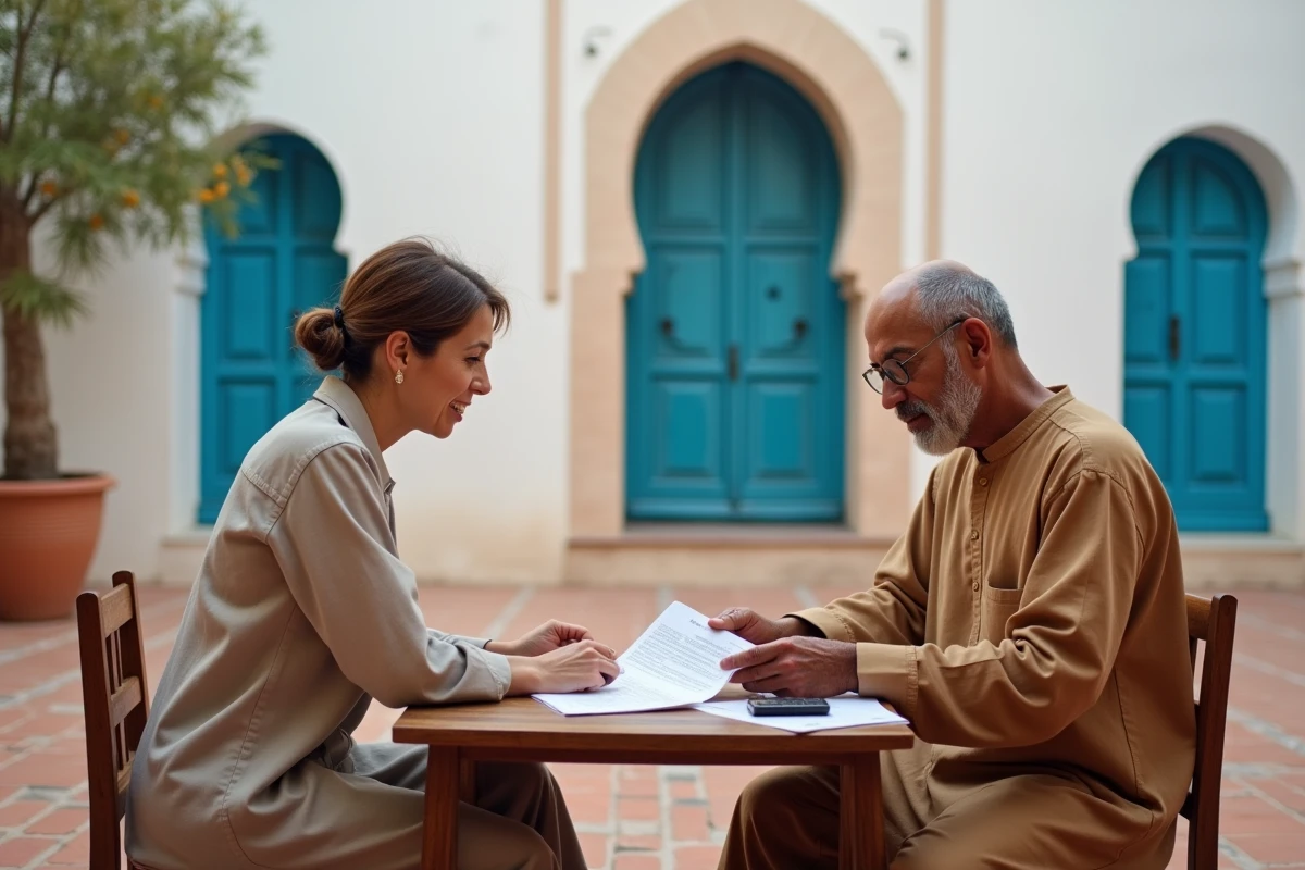 Femme expatriée signant un contrat de location longue durée avec un propriétaire marocain dans le patio d'un riad à Essaouira