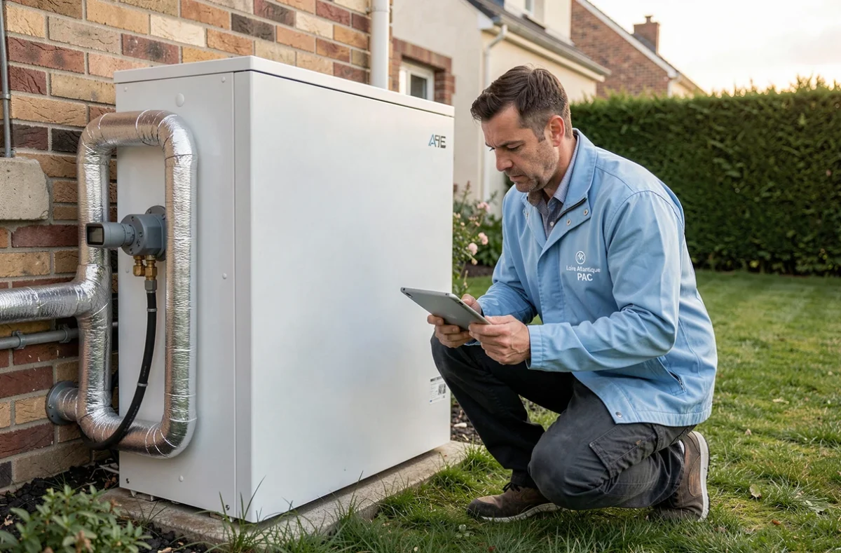 Technicien Loire Atlantique PAC installant une pompe à chaleur air-eau dans le jardin d'un pavillon