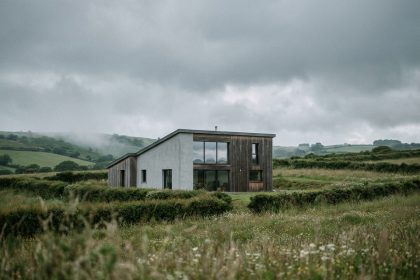 Maison passive moderne en Bretagne avec façade en enduit gris clair et bardage bois sombre, entourée de prairies et de haies bocagères sous un ciel couvert atlantique