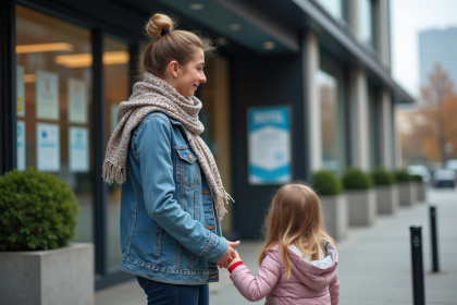 Mère seule avec sa fille devant une agence de logement social