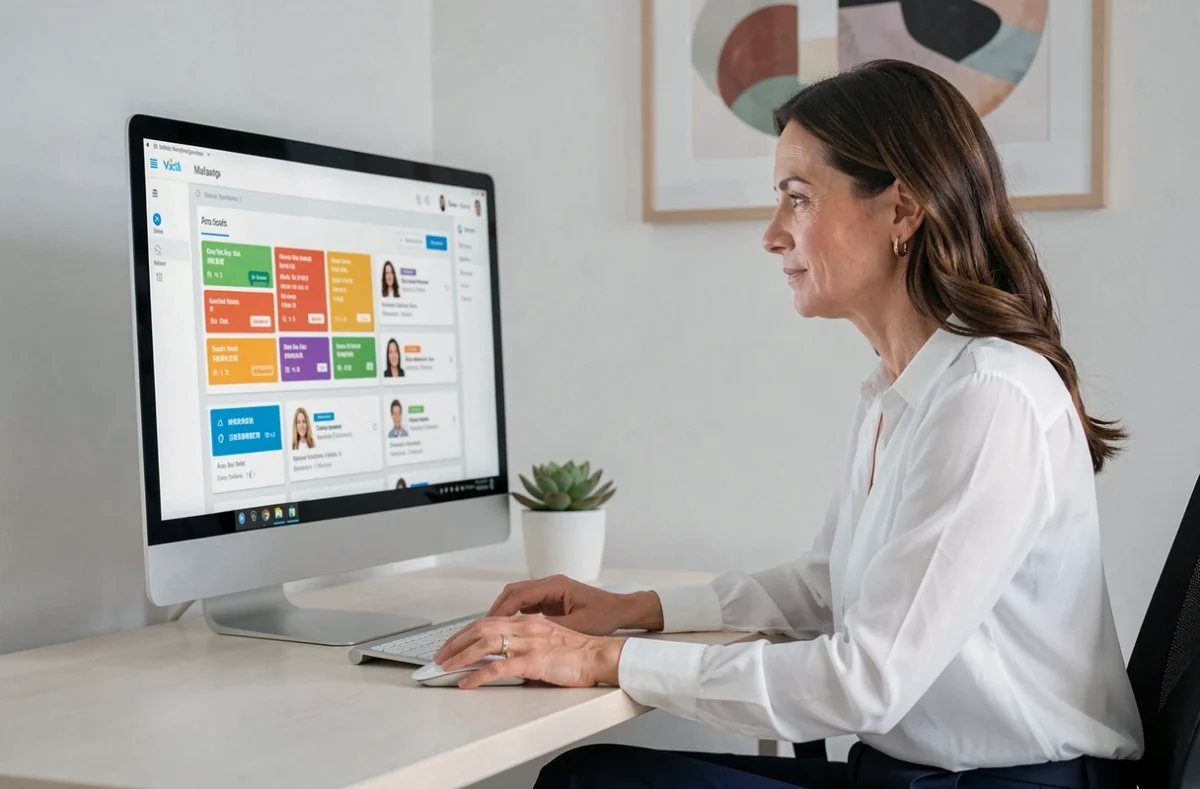 Mandataire immobilière utilisant un logiciel de gestion d'équipe sur ordinateur depuis son bureau à domicile