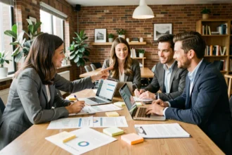 Équipe de mandataires immobiliers collaborant autour d'un tableau de bord CRM sur ordinateurs portables dans un espace de coworking moderne