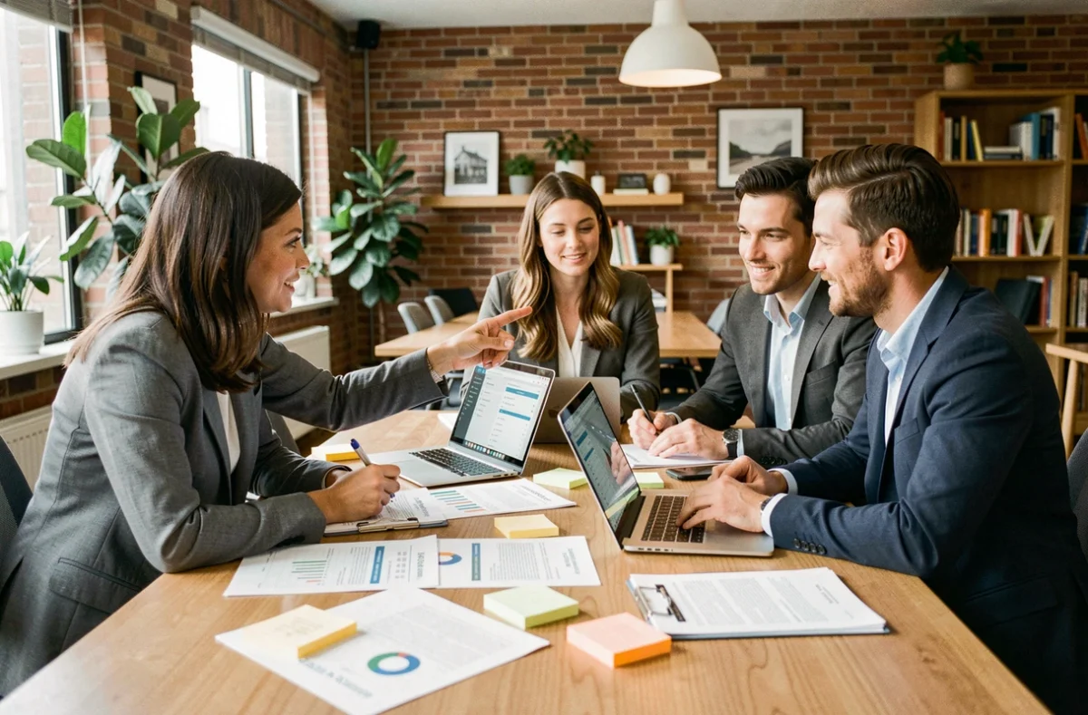 Équipe de mandataires immobiliers collaborant autour d'un tableau de bord CRM sur ordinateurs portables dans un espace de coworking moderne