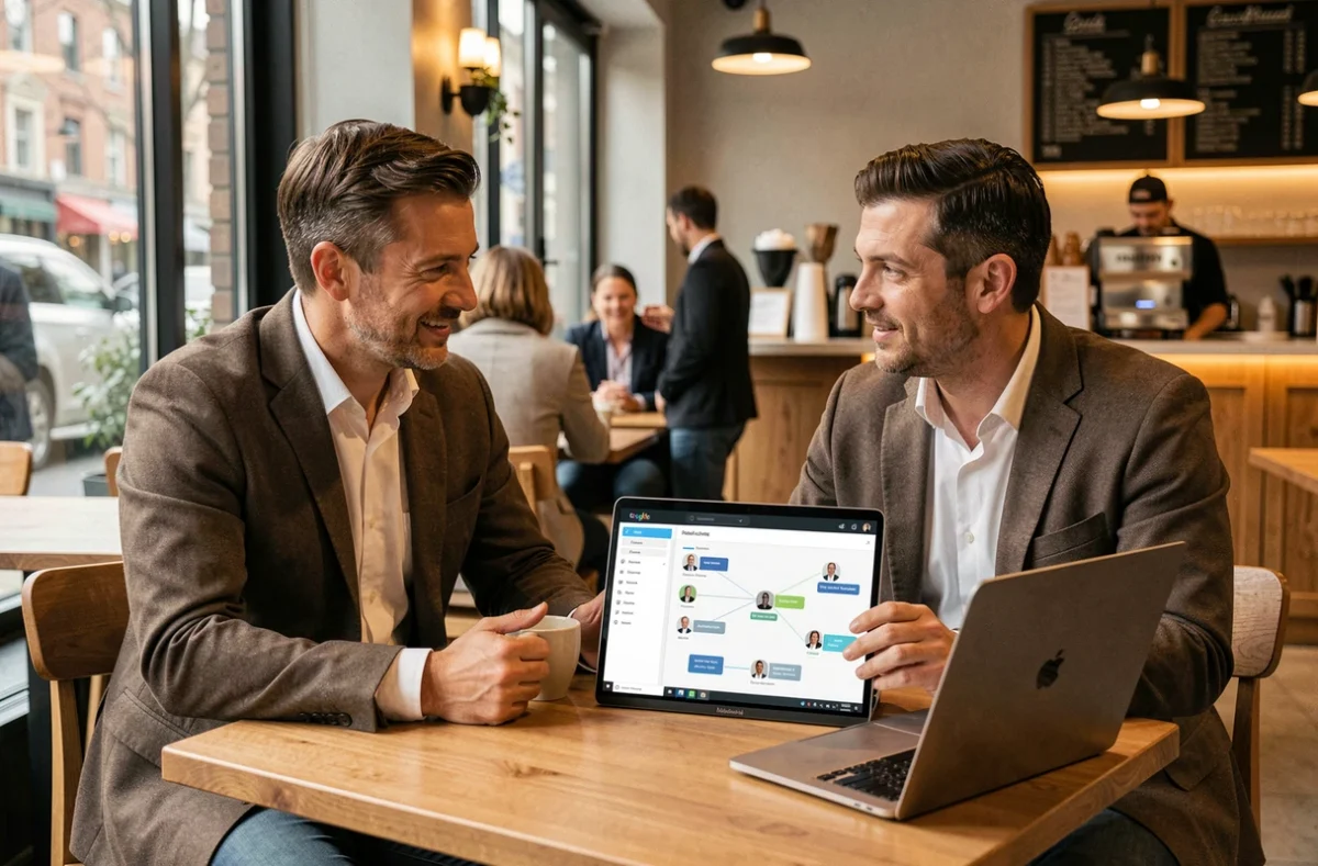Deux mandataires BSK en réunion informelle dans un café urbain autour d'une interface de collaboration digitale