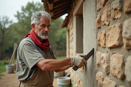 Maçon appliquant un enduit frais sur une vieille façade en pierre