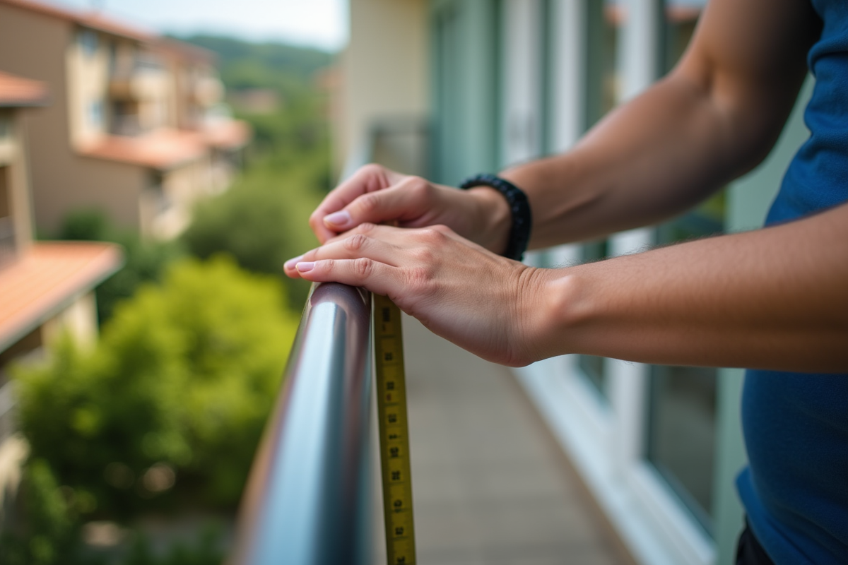 Personne mesurant la hauteur du balcon avec un mètre