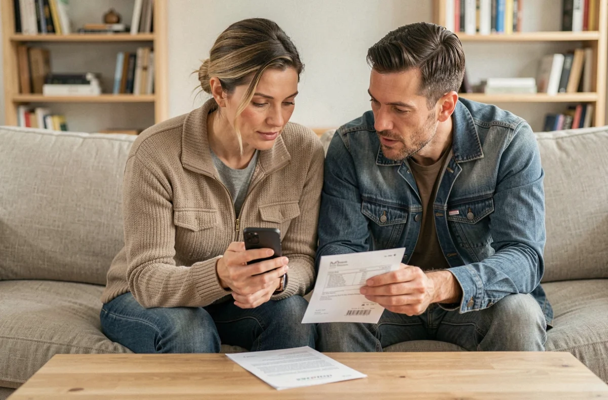 Couple comparant l'application My Foncia et un relevé papier pour gérer leur location depuis leur salon