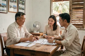 Couple occidental en train de négocier le prix d'une maison avec un agent immobilier thaïlandais dans un bureau local