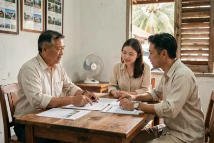 Couple occidental en train de négocier le prix d'une maison avec un agent immobilier thaïlandais dans un bureau local