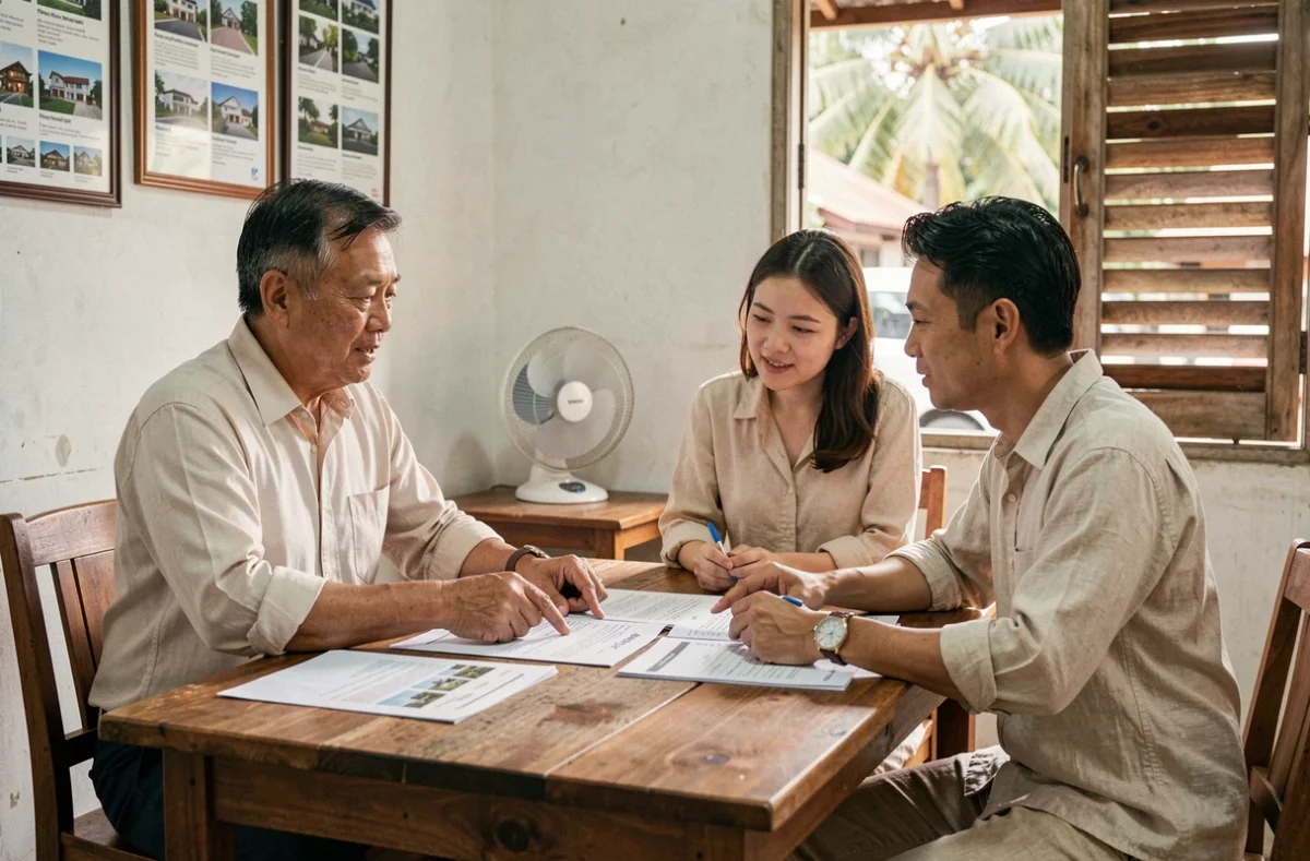 Couple occidental en train de négocier le prix d'une maison avec un agent immobilier thaïlandais dans un bureau local
