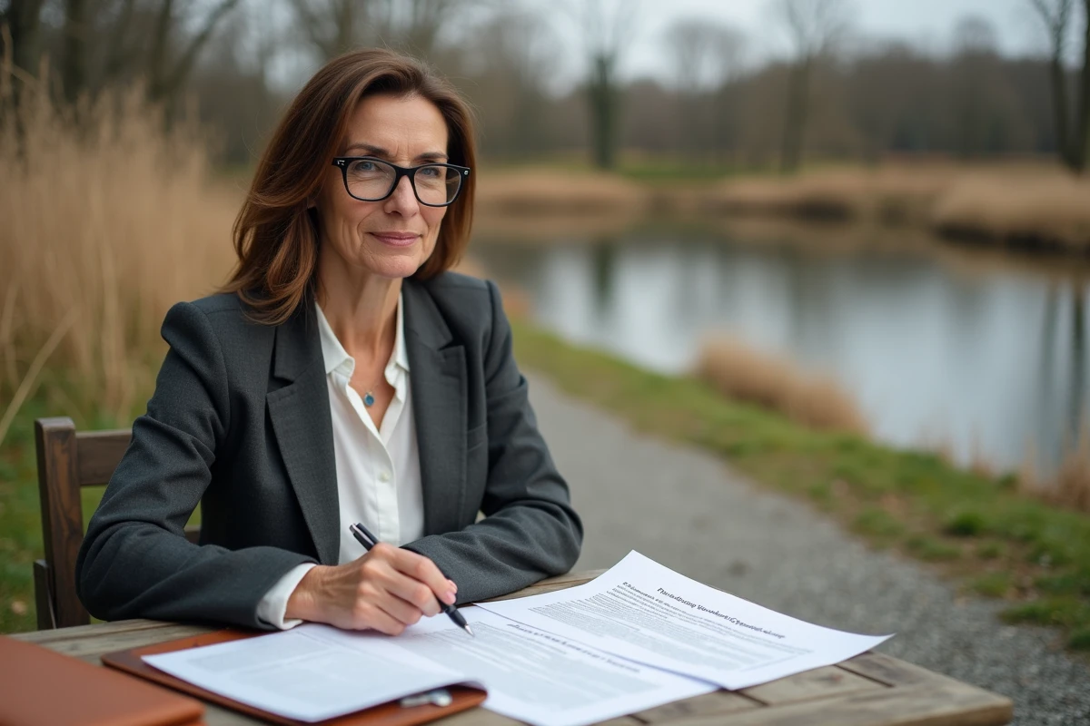 Notaire révisant un acte de propriété d'étang pour une planification successorale