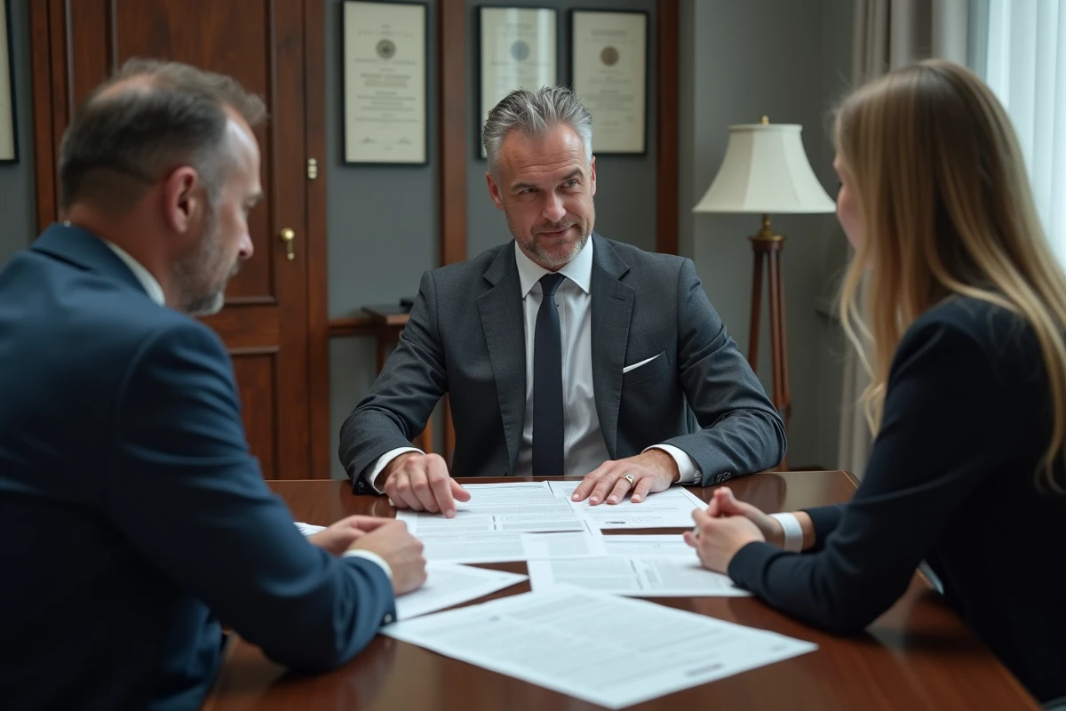 Notaire expliquant le calcul de la plus-value immobili&egrave;re &agrave; un couple lors d'une transaction de vente