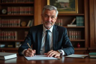 Notaire d age moyen signant un document officiel dans son bureau