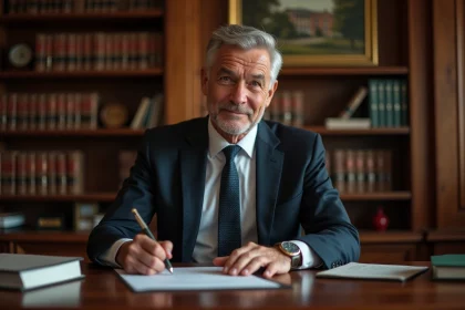 Notaire d age moyen signant un document officiel dans son bureau